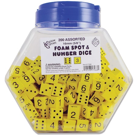 Koplow Games Foam Spot And Number Dice, Yellow, 16mm, PK200 17268